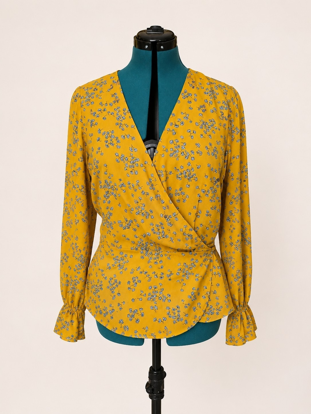 cupcakes & cashmere Mustard Yellow Floral Wrap Blouse